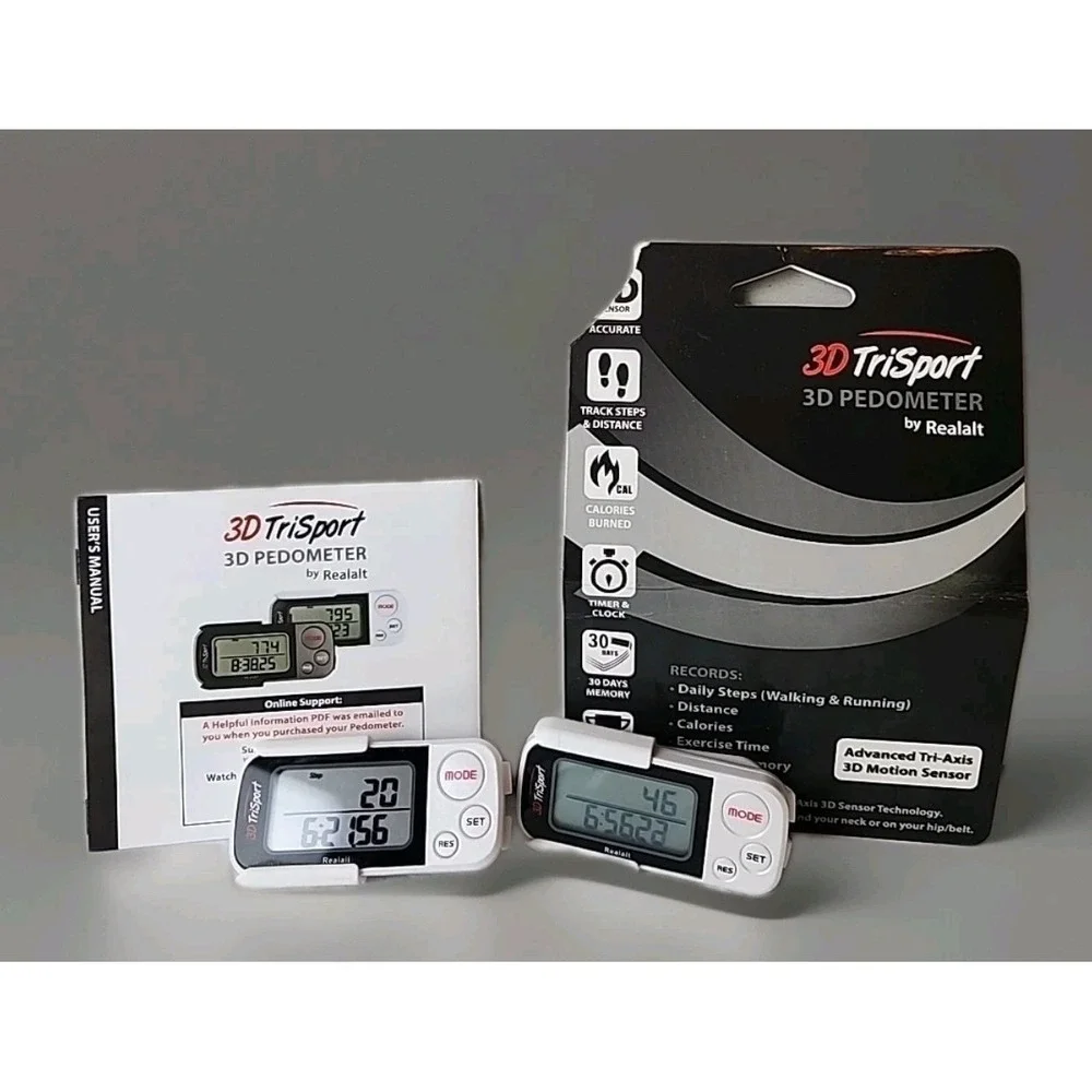 Lot 2 Realalt‎ 3D Trisport Pedometer w/Clip White Tracks Steps Distance Calories